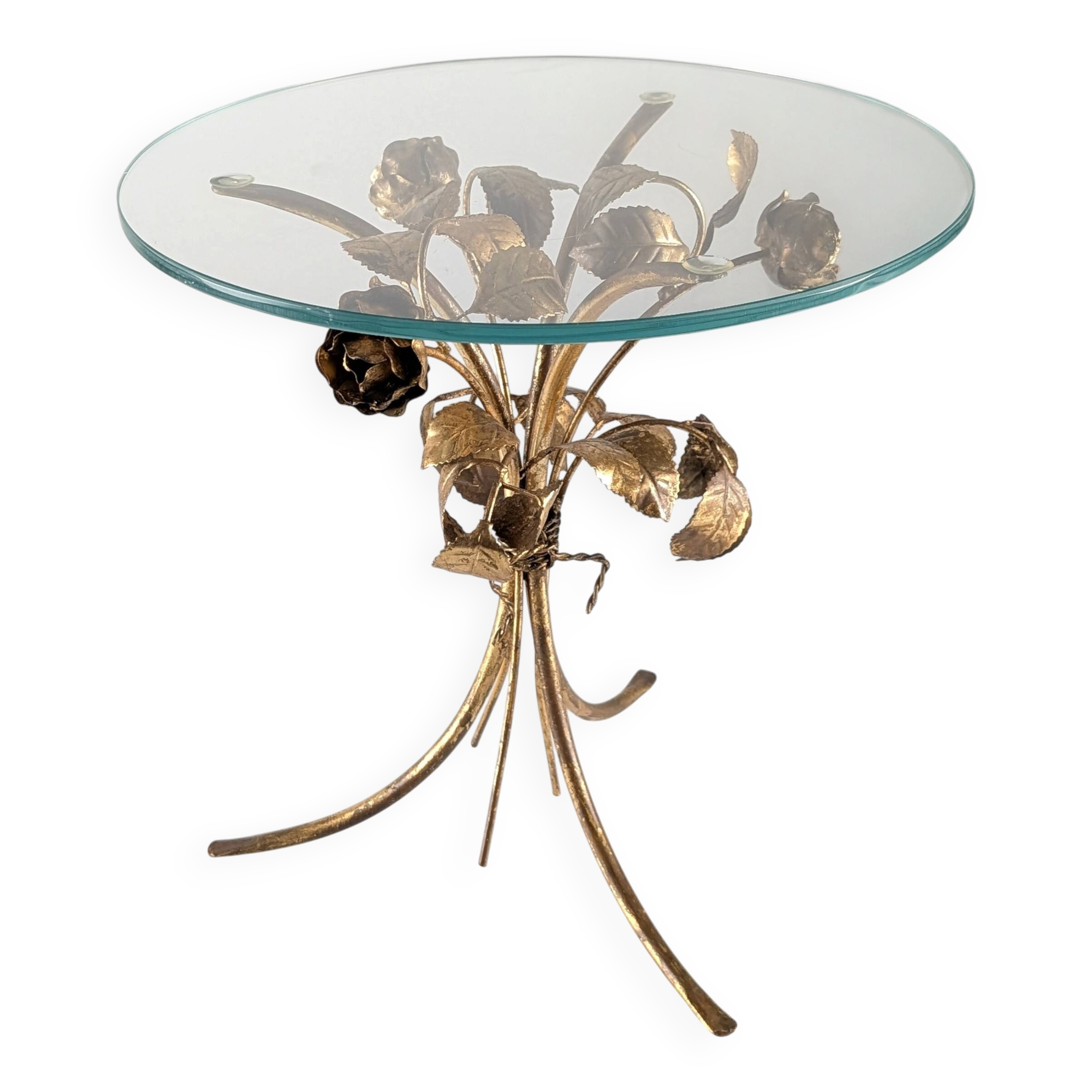 Mid-century side table in gilded metal with roses and glass top, 1970s