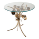 Mid-century side table in gilded metal with roses and glass top, 1970s