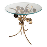 Mid-century side table in gilded metal with roses and glass top, 1970s