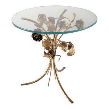 Mid-century side table in gilded metal with roses and glass top, 1970s