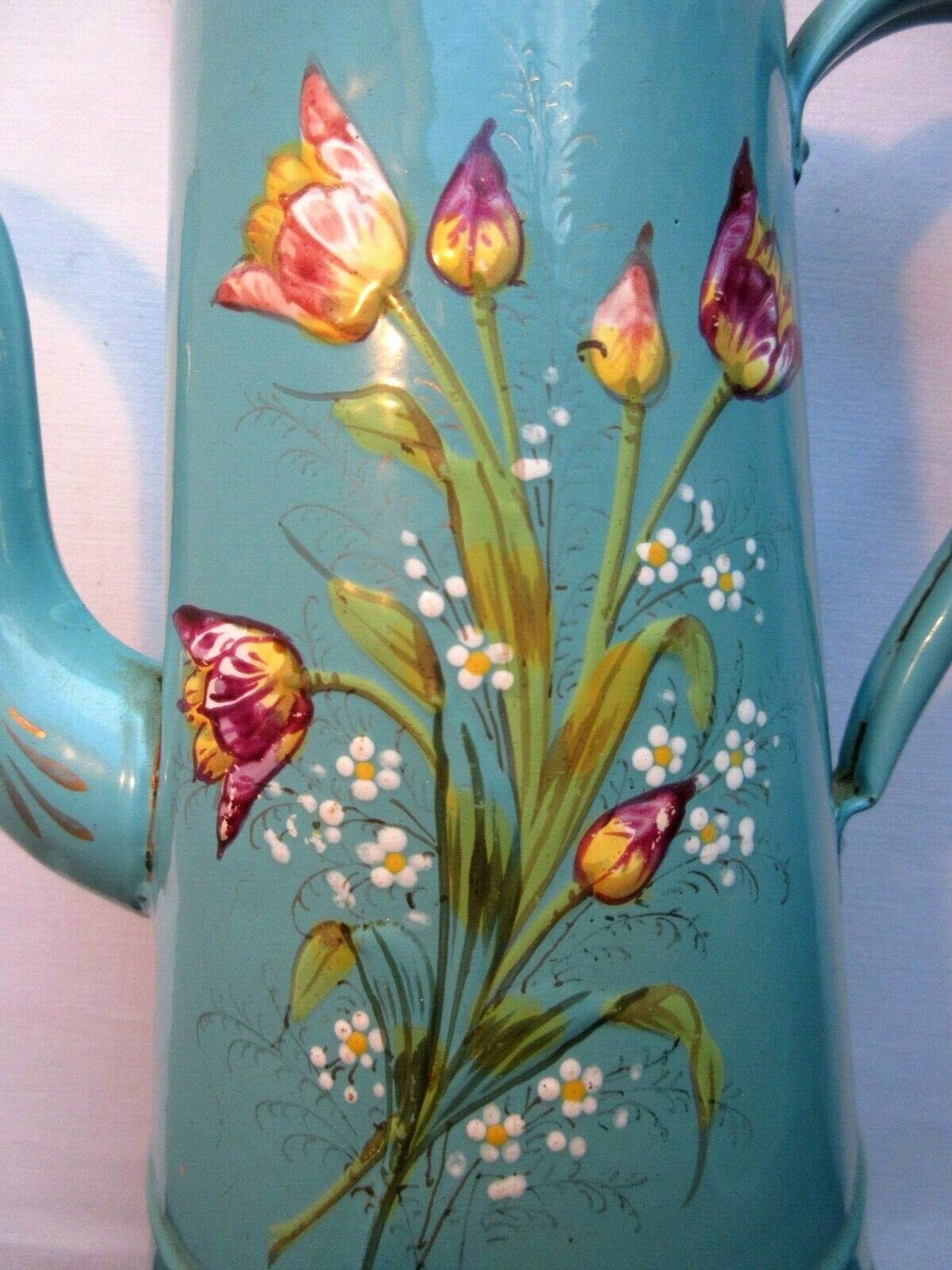 Art Deco coffee maker enamelled sheet metal in relief: Tulips and forget-me-nots on a green background