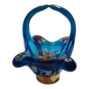 Panier en verre soufflé vintage d'art espagnol signé ROYO.