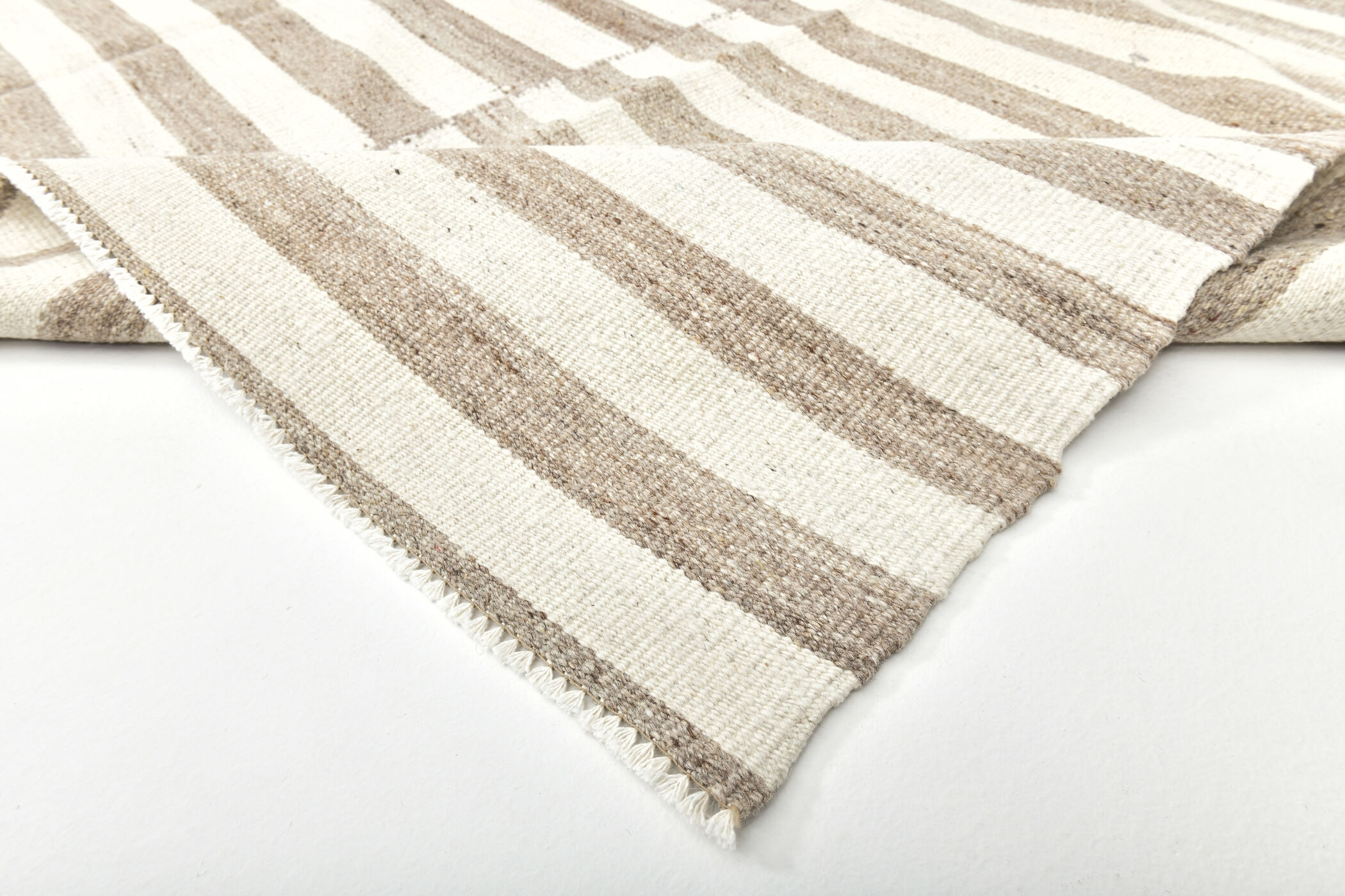 210x300 cm Natural Turkish Kilim, Striped white and brown kilim carpet