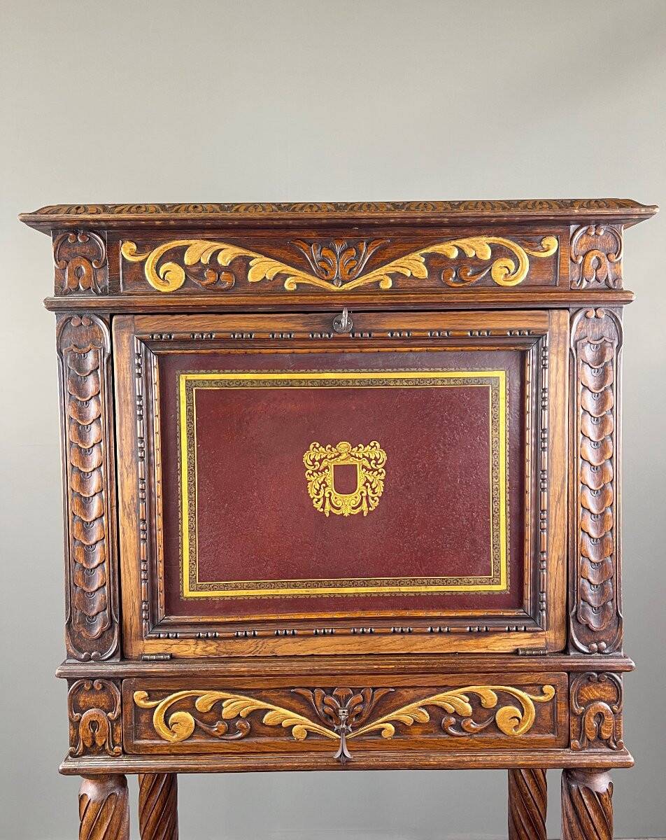 Carved and polychrome wooden secretary, Neo-Renaissance style, 19th century