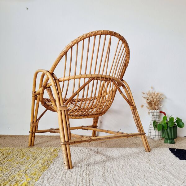 Fauteuil ancien en rotin - fauteuil adulte corbeille années 60