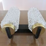 Arlus style double wall lamp in gold metal and black lacquered metal, diamond tip glass 1960