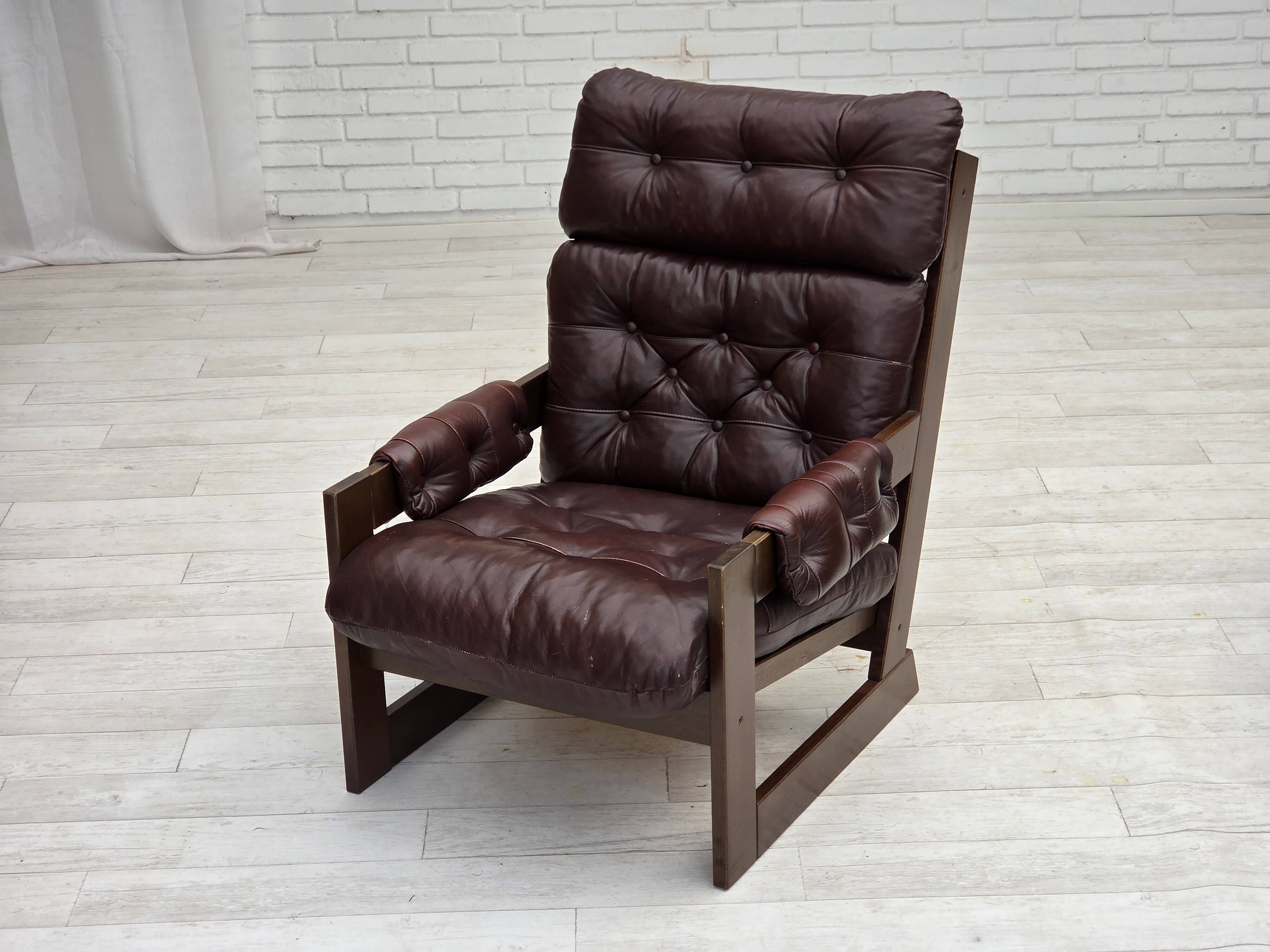 1970s, Scandinavian highback armchair, brown furniture leather, dark beech.