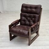 1970s, Scandinavian highback armchair, brown furniture leather, dark beech.
