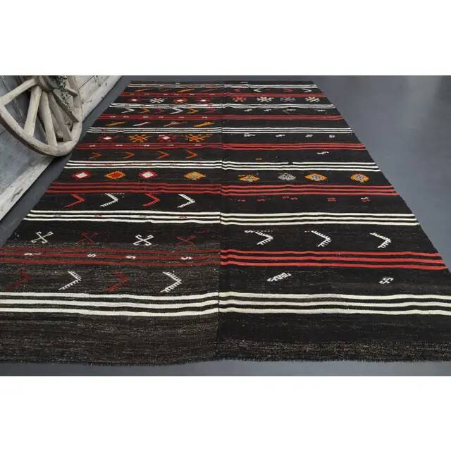 Vintage Turkish Oushak Handmade Wool Cotton Black Area Rug 257x390