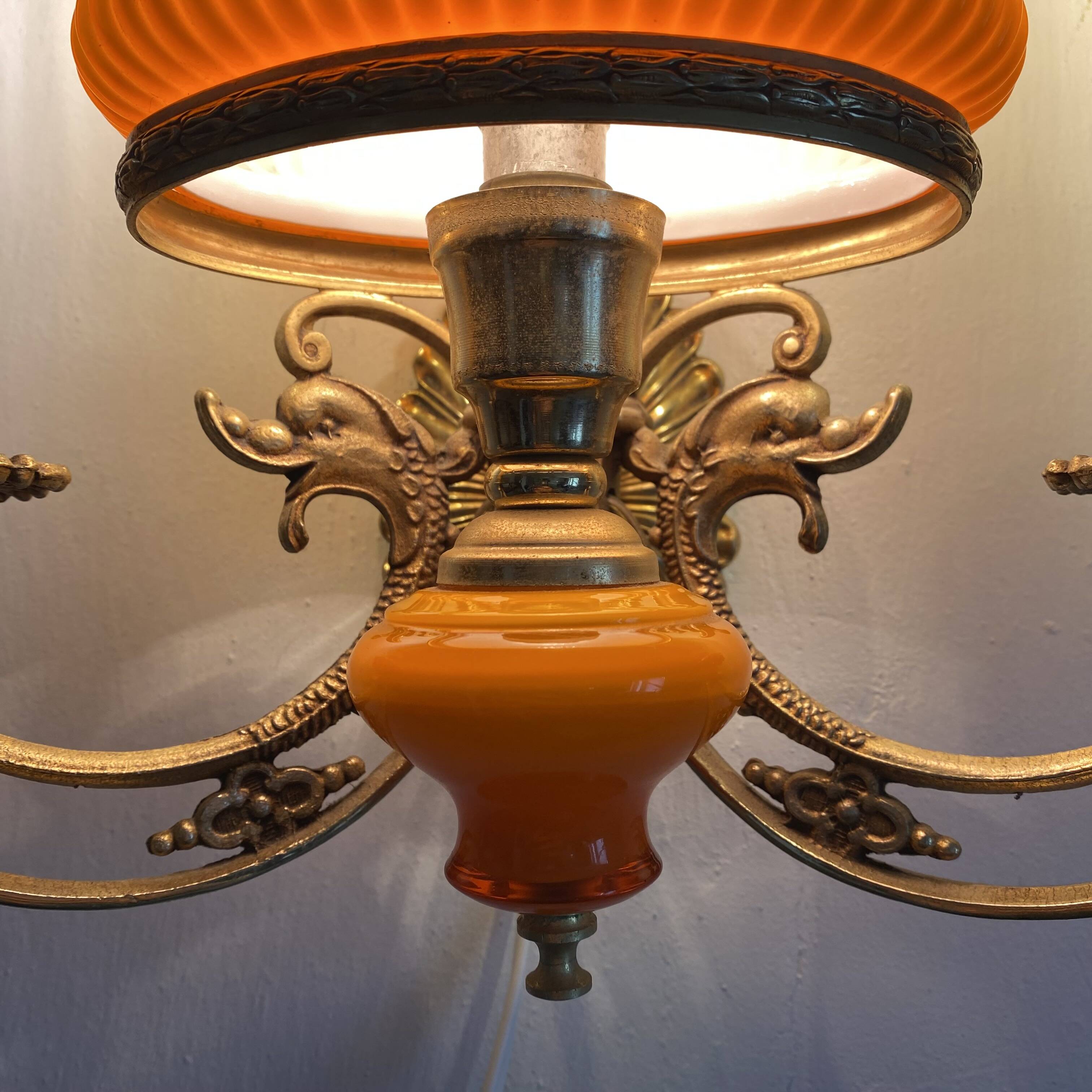 Double wall light in brass and orange opaline, 1960s.