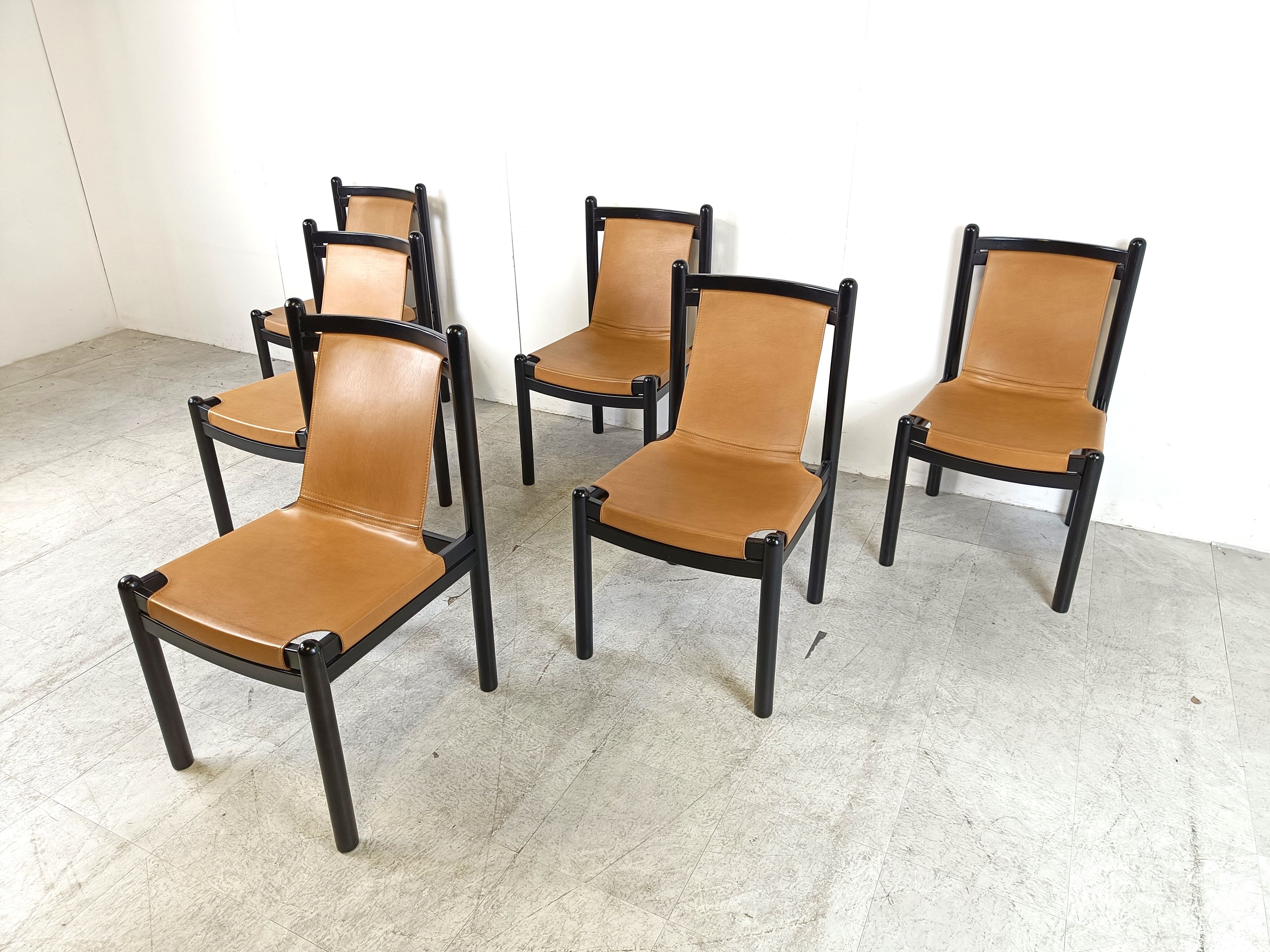 Vintage italian sling leather dining chairs, 1960s