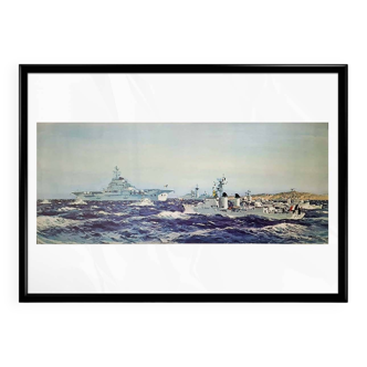 Affiche originale de 1971 d'Albert Brenet - Marine Nationale Française - Guepratte et porte avion