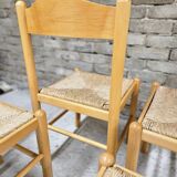 Set of 4 vintage pine and rush chairs