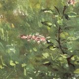Hule on framed panel, "Dreaming at the water's edge", late 19th century.