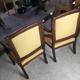 2 antique matching armchairs in wood and fabric