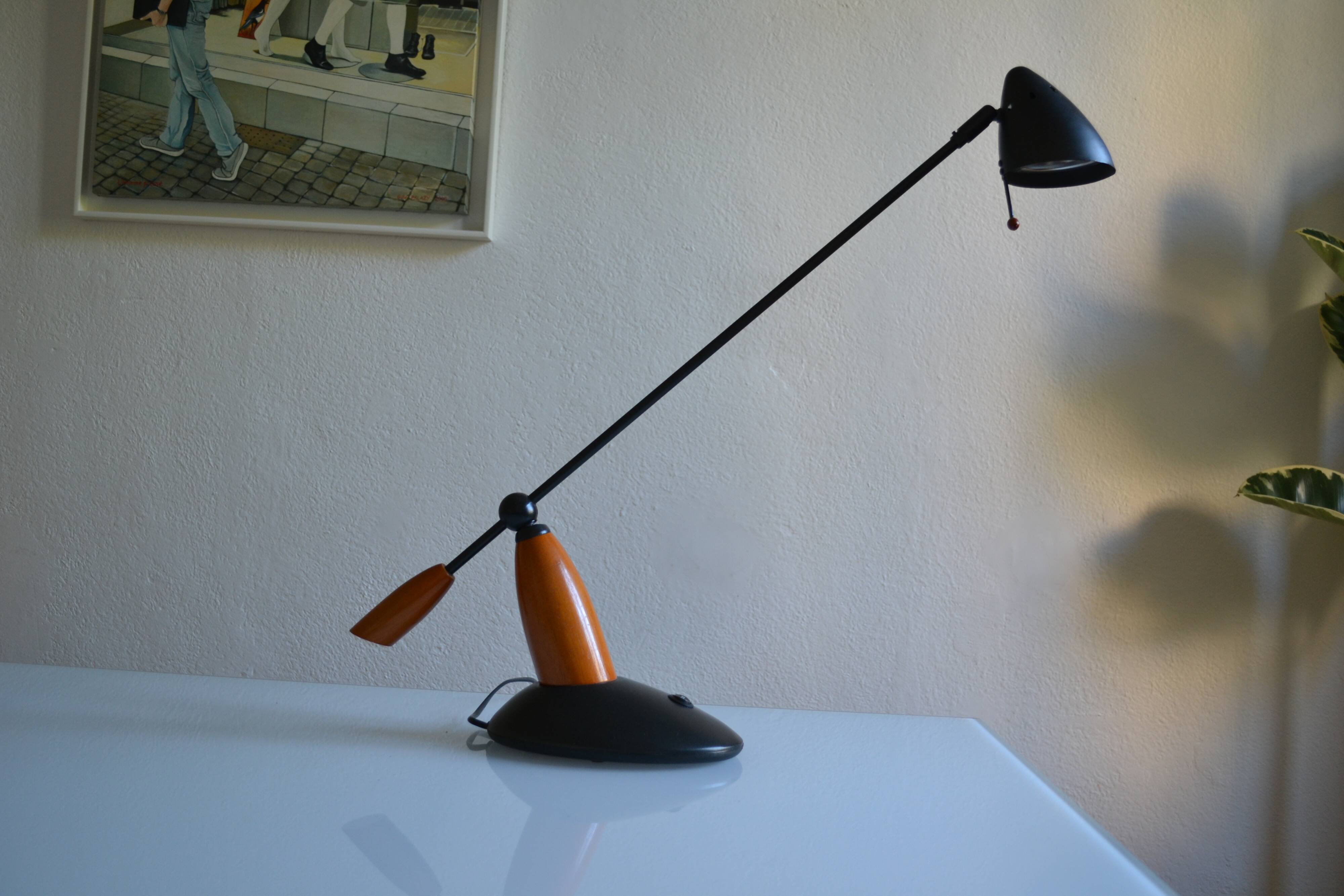 Vintage postmodernist metal and wood table lamp from the 1980s