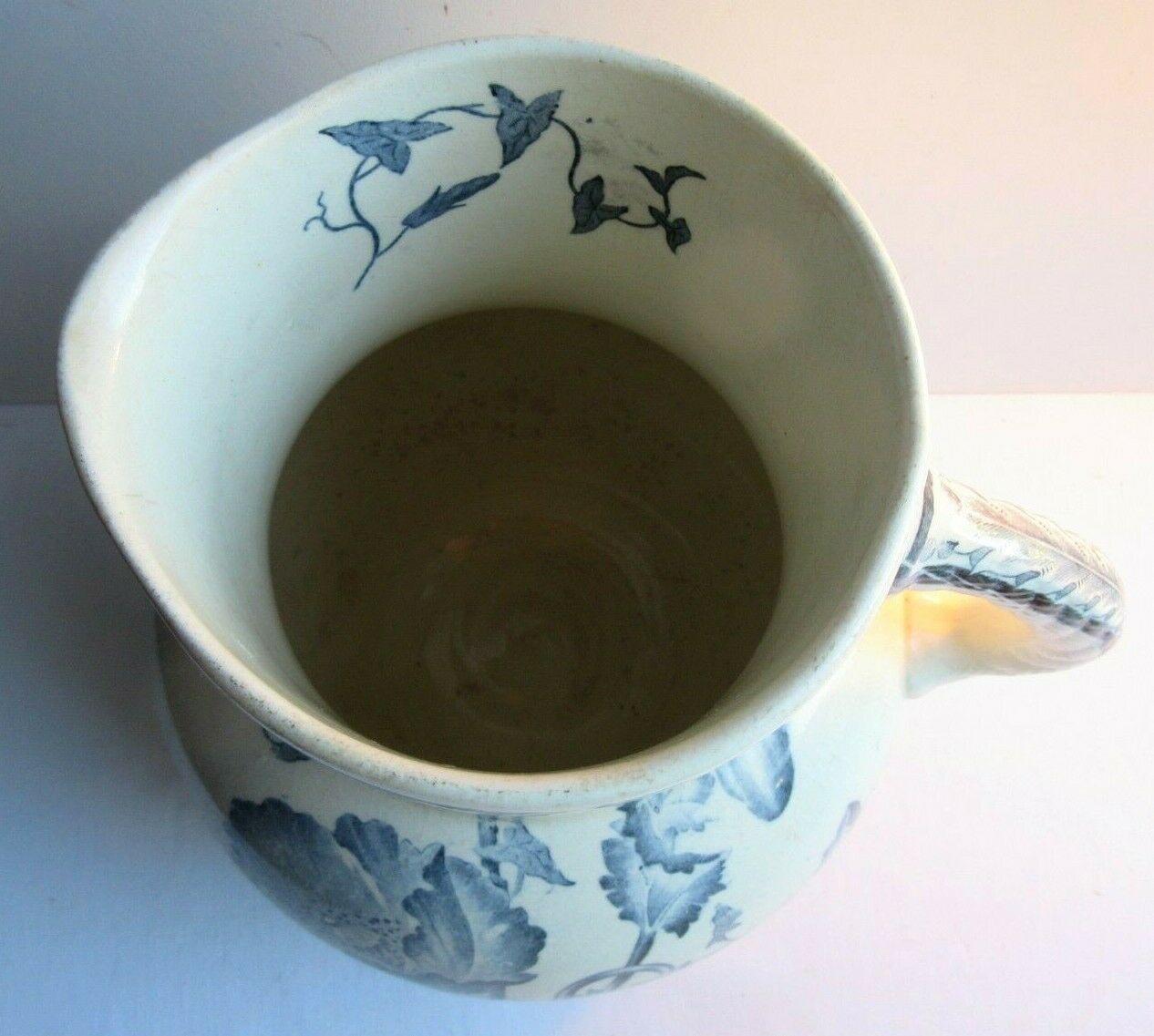 Art Nouveau toilet broc, blue-grey Iris décor, signed Longchamp