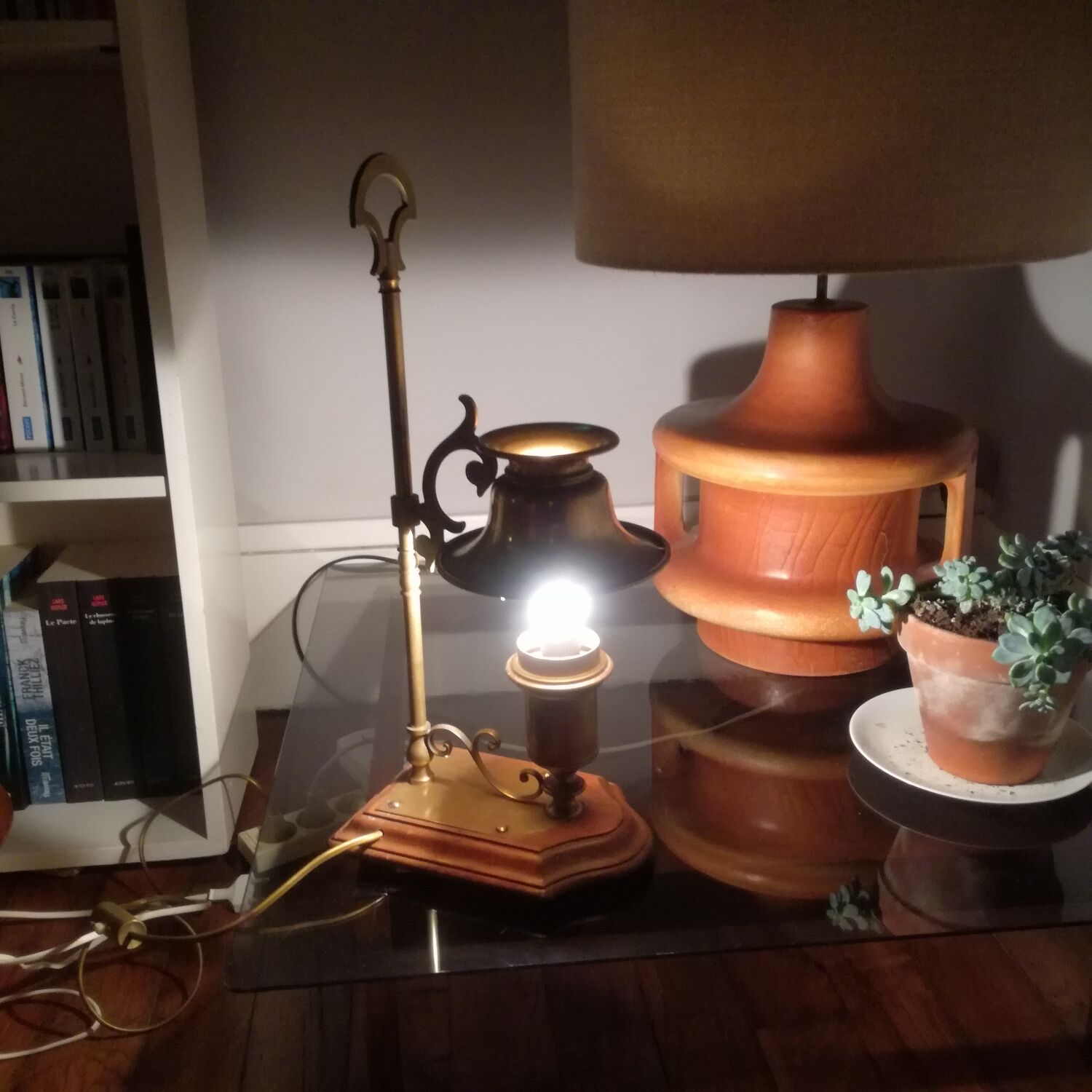 Brass and wood hot water bottle lamp 1970