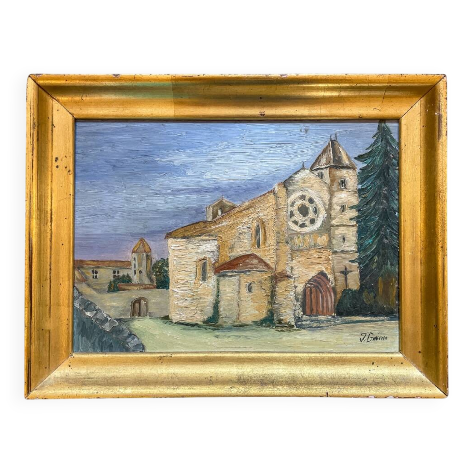 Old painting signed J. Guérin – Oil on wood – Historic abbey under ci