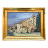 Old painting signed J. Guérin – Oil on wood – Historic abbey under ci