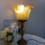 Table lamp with brass base, grooved transparent globe, vintage