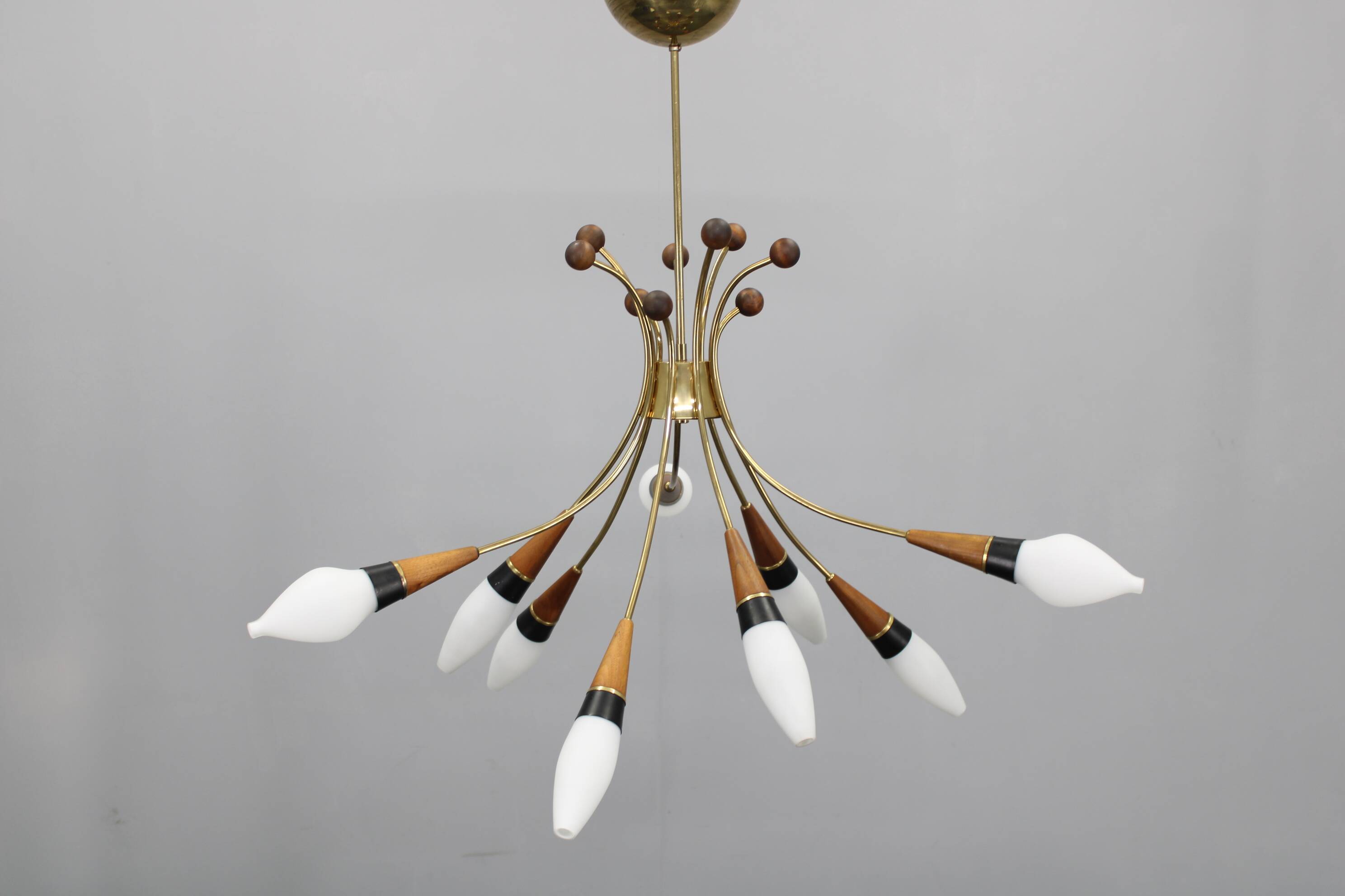 1960s Rupert Nikoll Brass and Teak Opaline Glass Chandelier, Austria