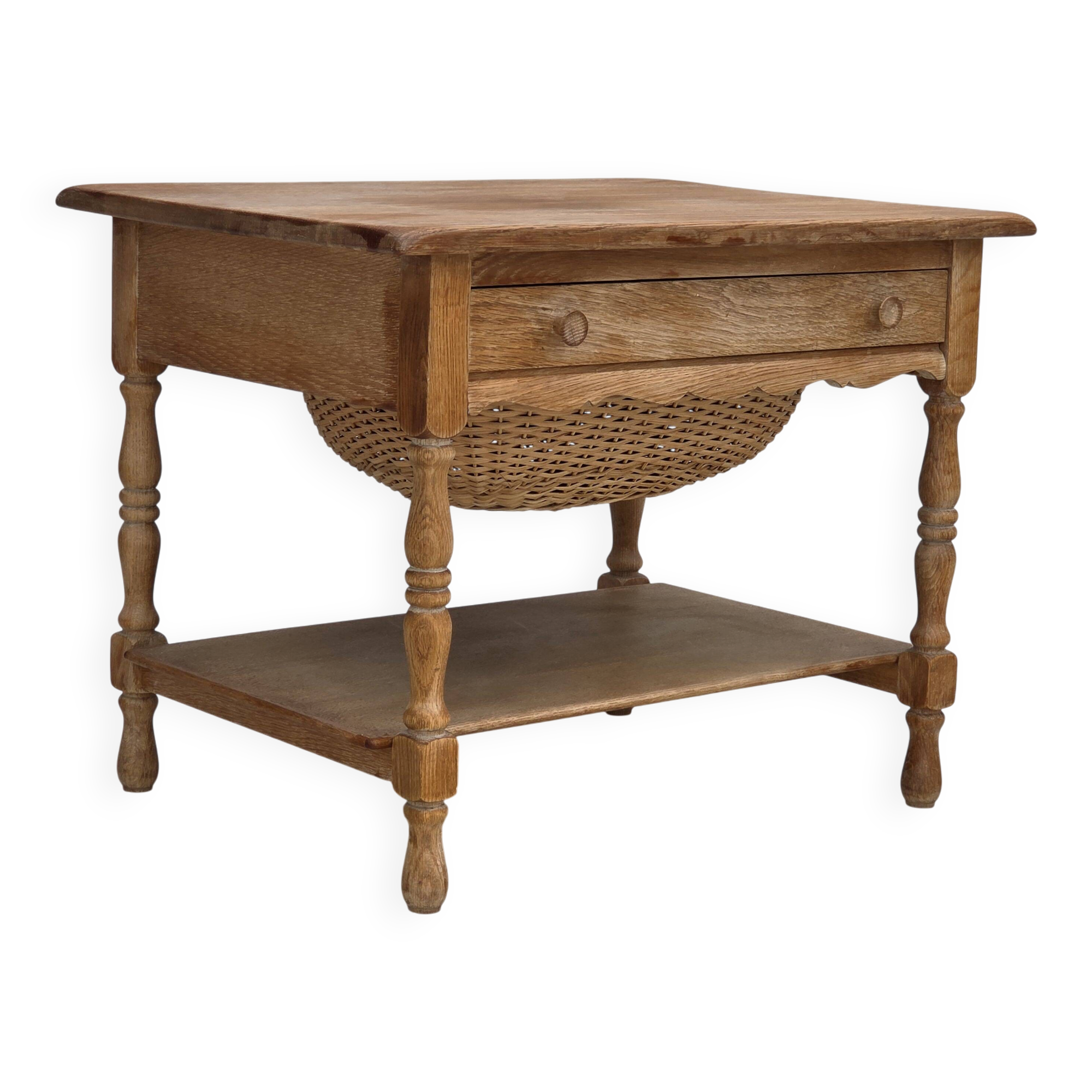 1970s, Scandinavian side table with drawers, solid oak wood, rattan.