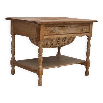 1970s, Scandinavian side table with drawers, solid oak wood, rattan.