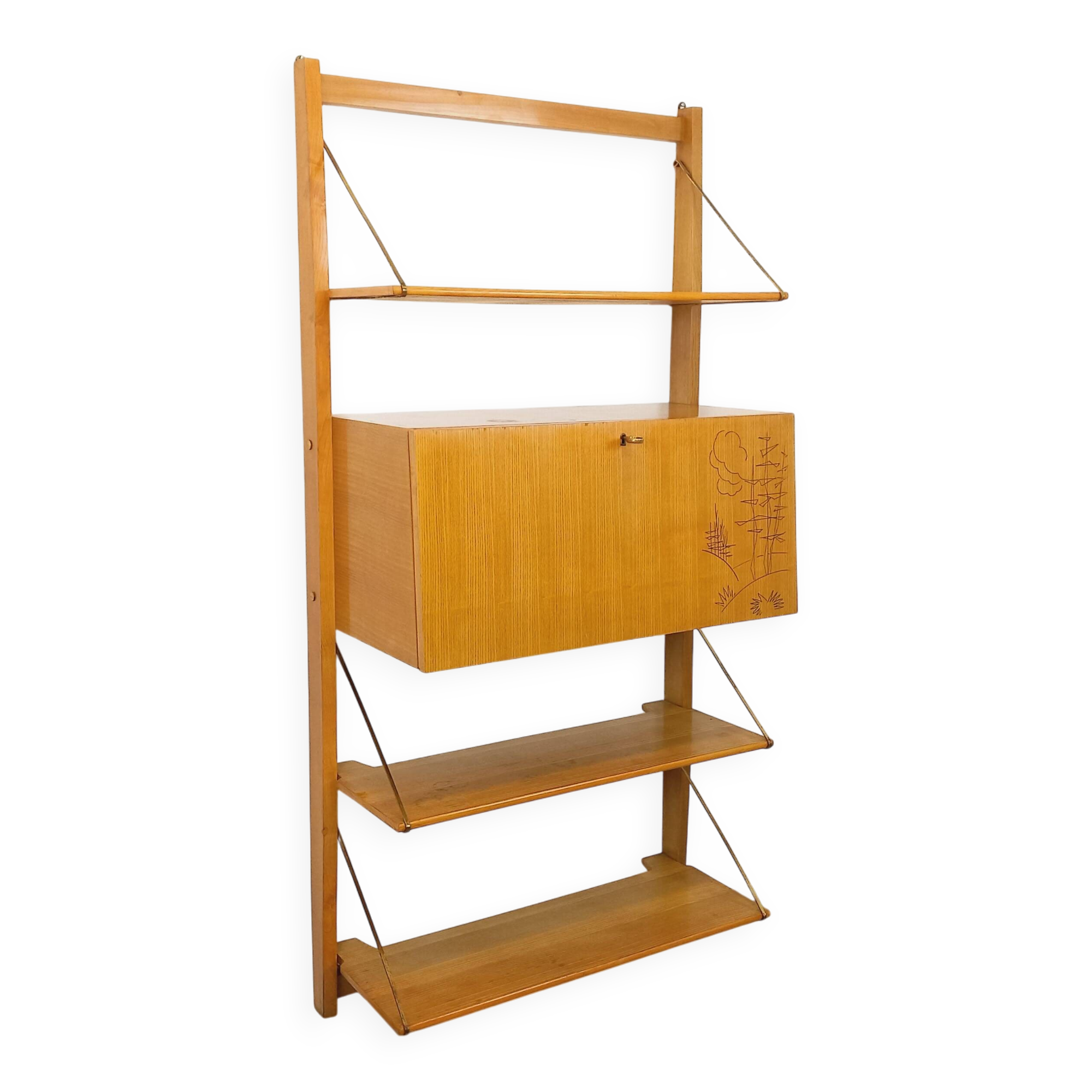 Wall shelf library with vintage light wood secretary bar