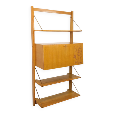 Bibliothèque étagère murale avec secrétaire bar vintage en bois clair