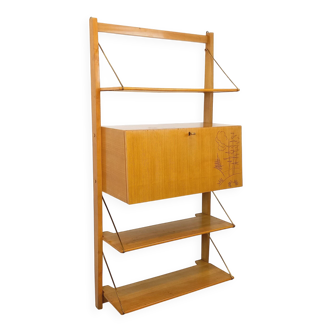 Wall shelf library with vintage light wood secretary bar