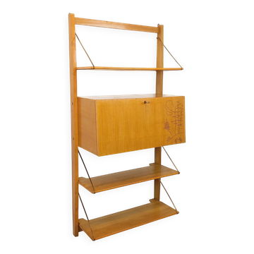 Wall shelf library with vintage light wood secretary bar