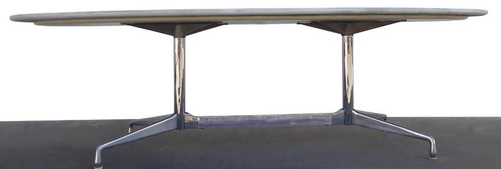 Eames "Segmented" oval table in white marble with stainless steel base, H. Miller 70s