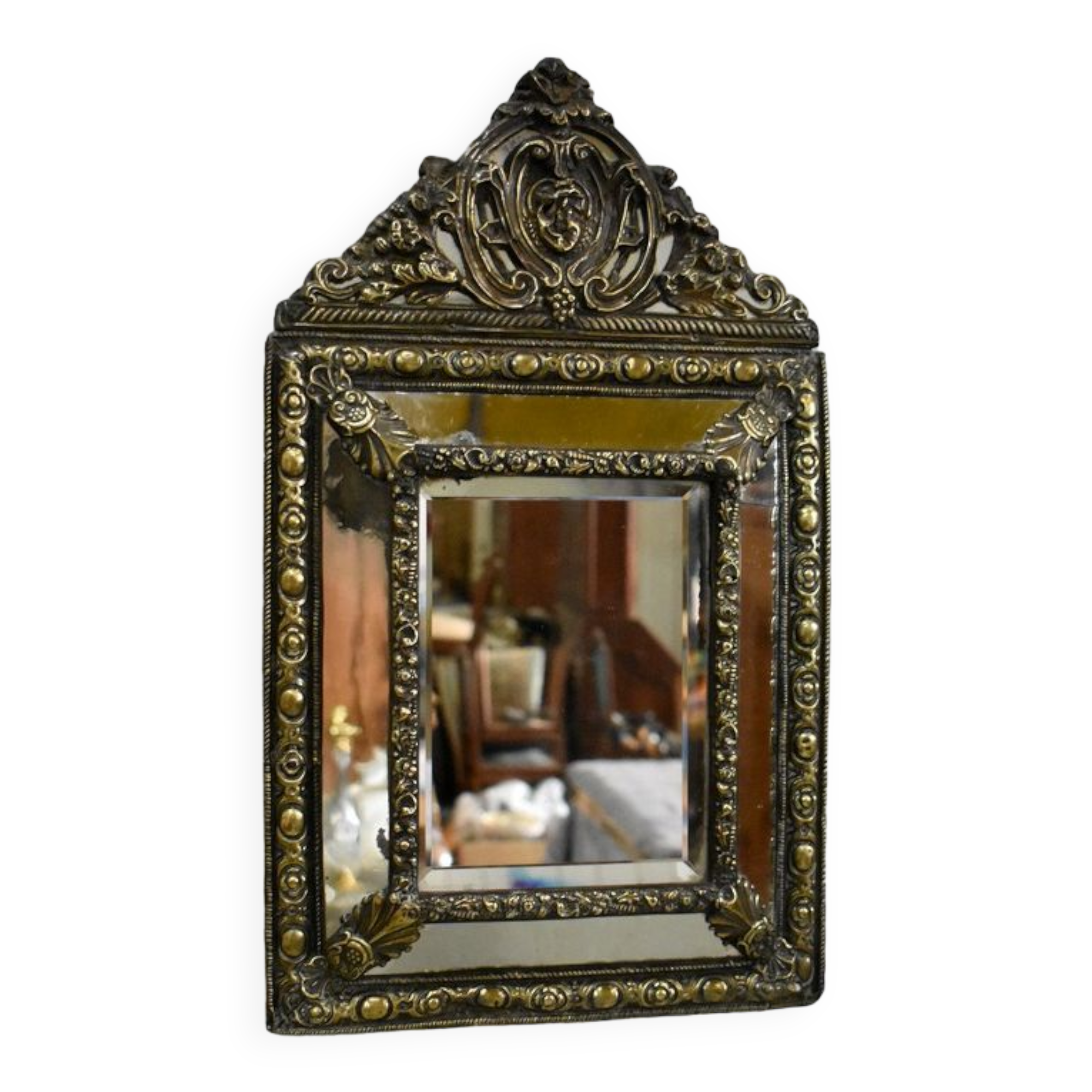 Mirror in repoussé brass, louis xiv style, napoleon iii era – xixth