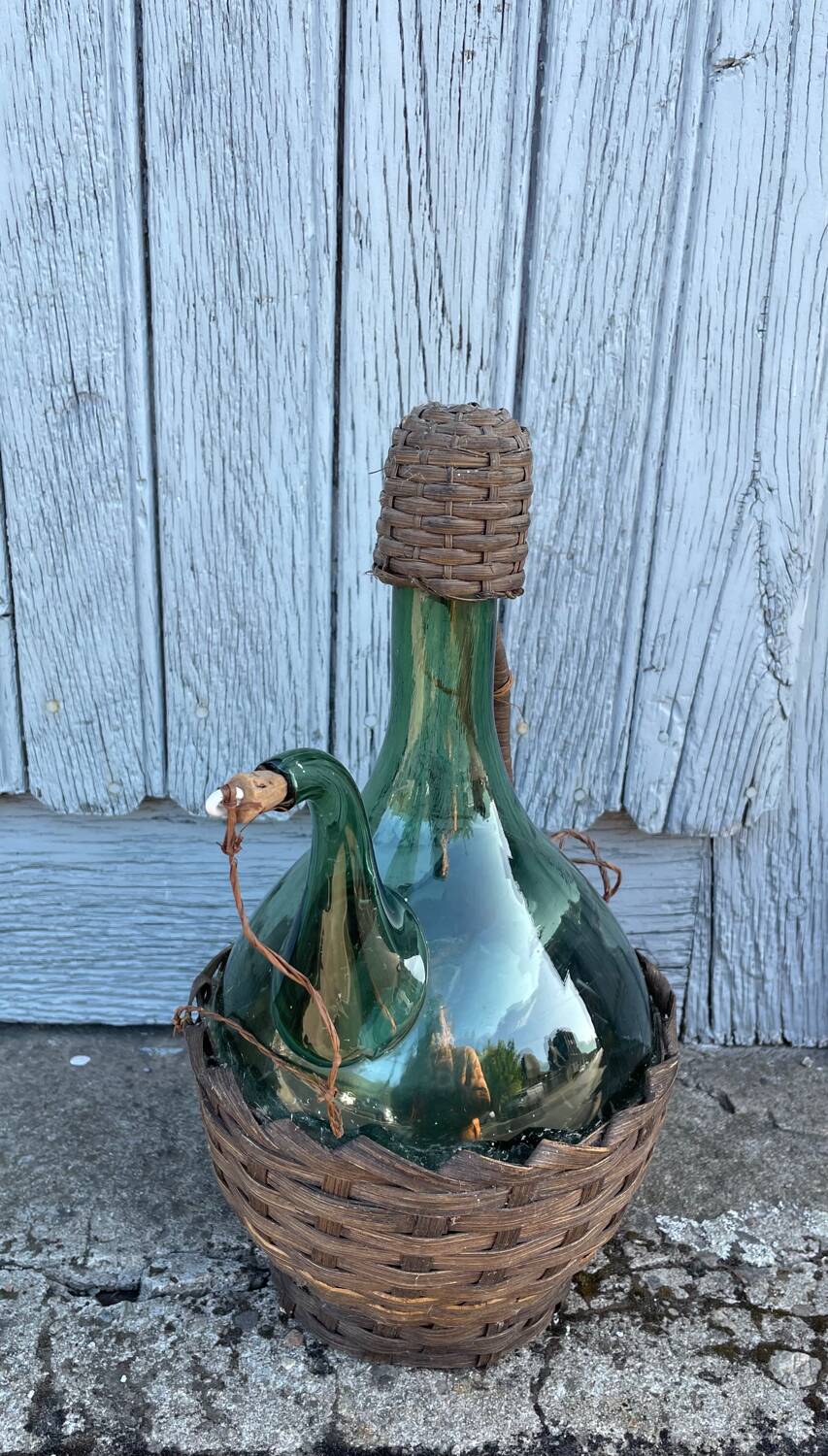 Vintage Green Italian Hand Blown Glass Wine Decanter with Ice Chamber