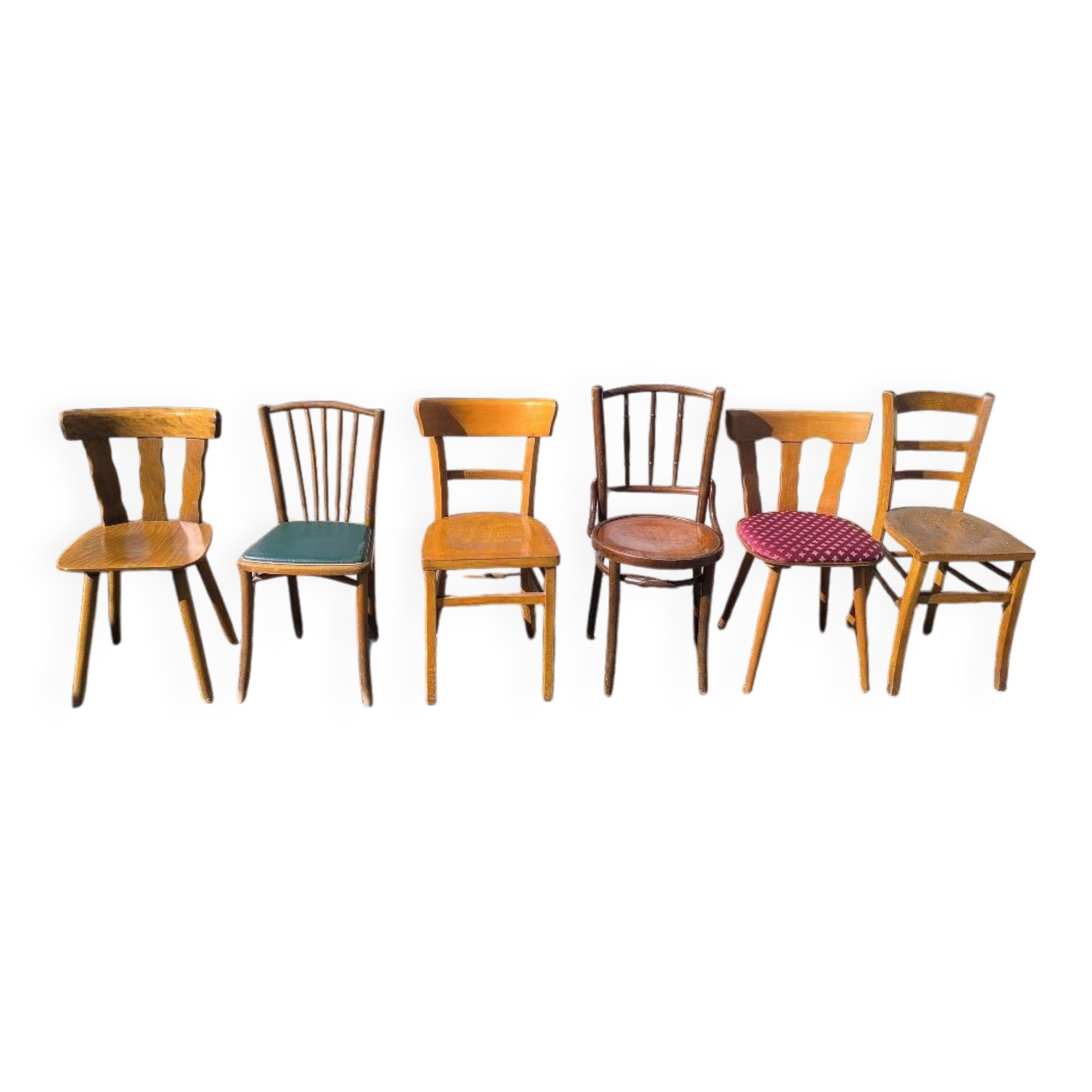 Set of 6 mismatched vintage wooden bistro chairs
