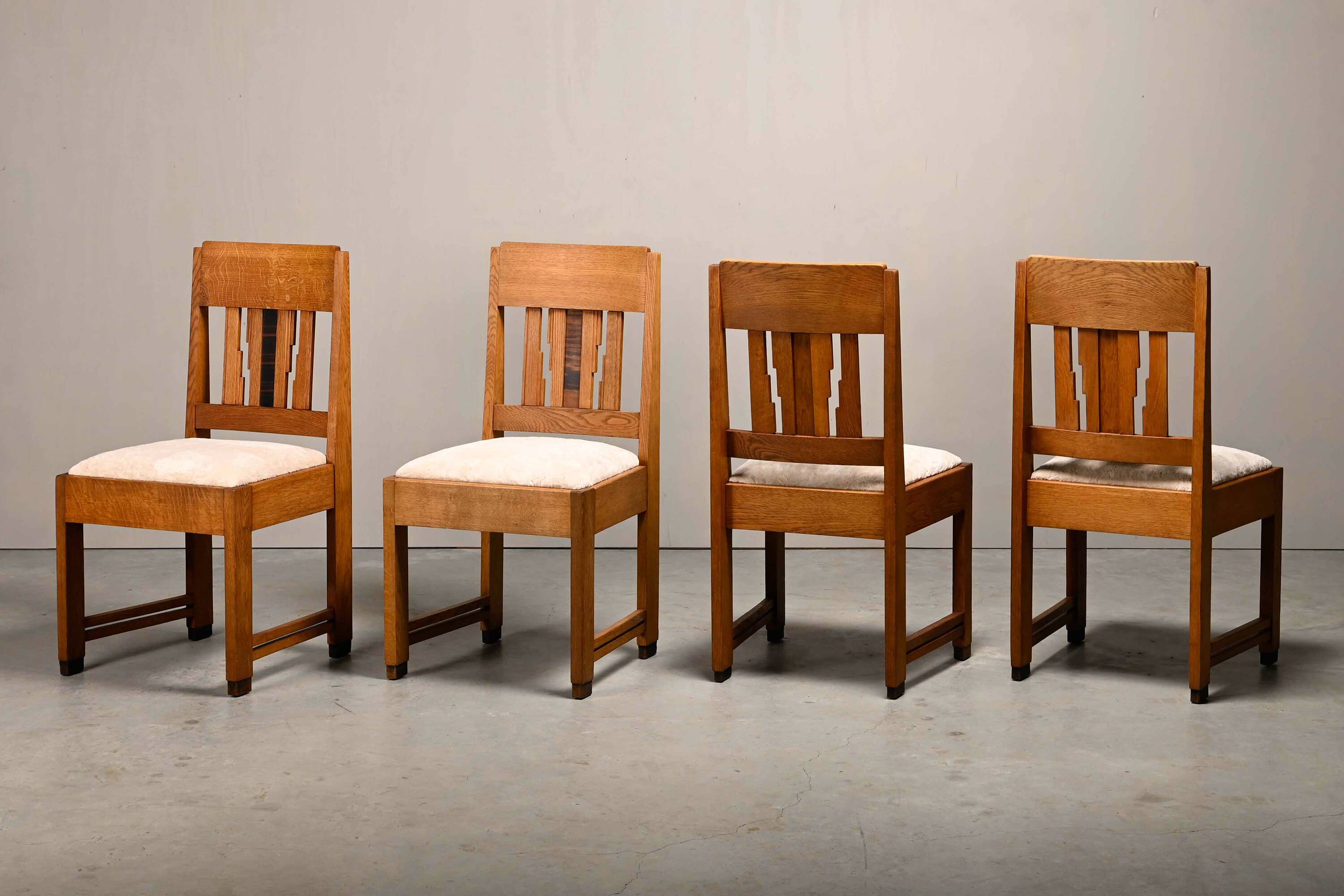Dutch Art Deco Amsterdam School Dining Chairs in Oak and light Fabric