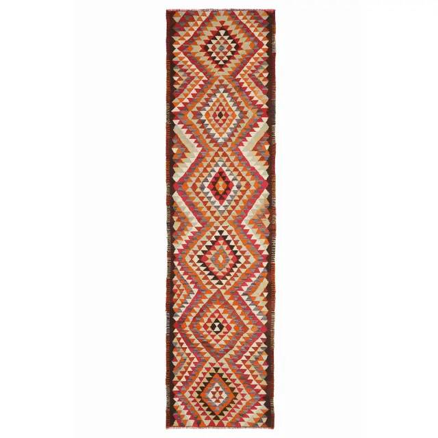 1970s Vintage Turkish Hand-Knotted Wool Cotton Orange Runner Rug 85x330