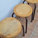 3 vintage stackable stools in wood and metal, industrial style, 45 cm