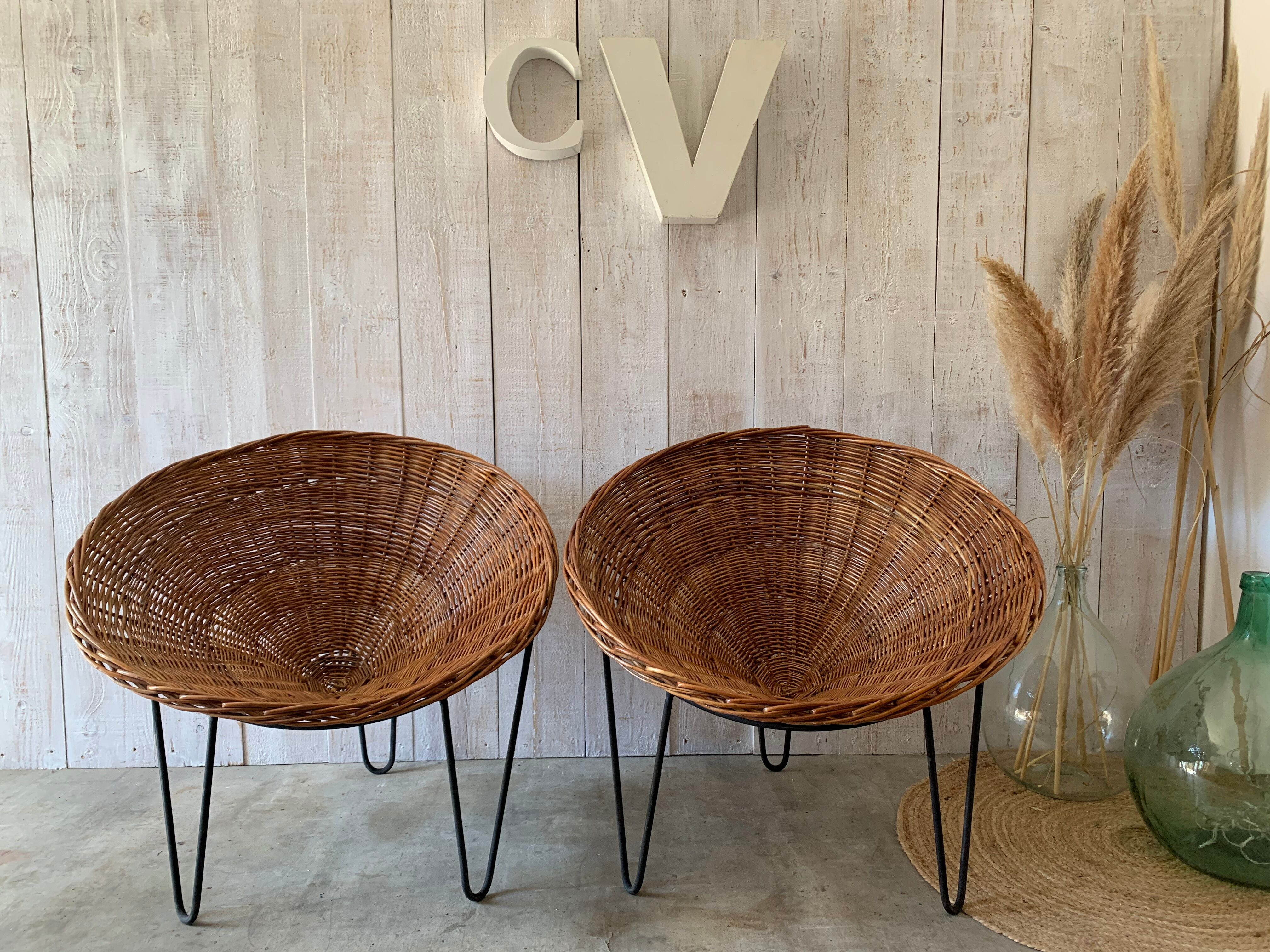 Pair of wicker basket armchairs