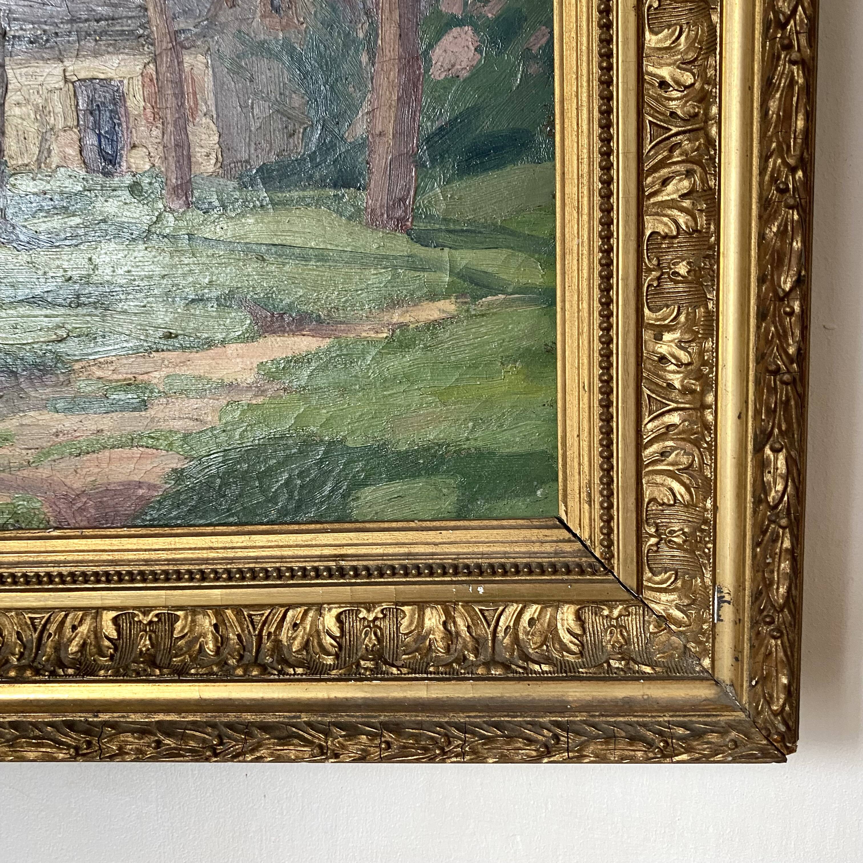 Old oil on canvas, wooded landscape with house, gilded frame.