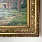 Old oil on canvas, wooded landscape with house, gilded frame.
