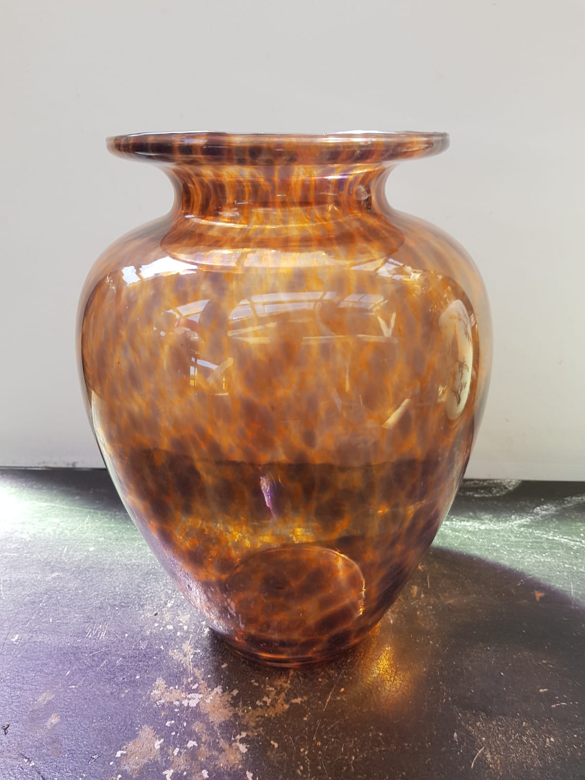 Old multilayer glass vase spotted orange brown vintage