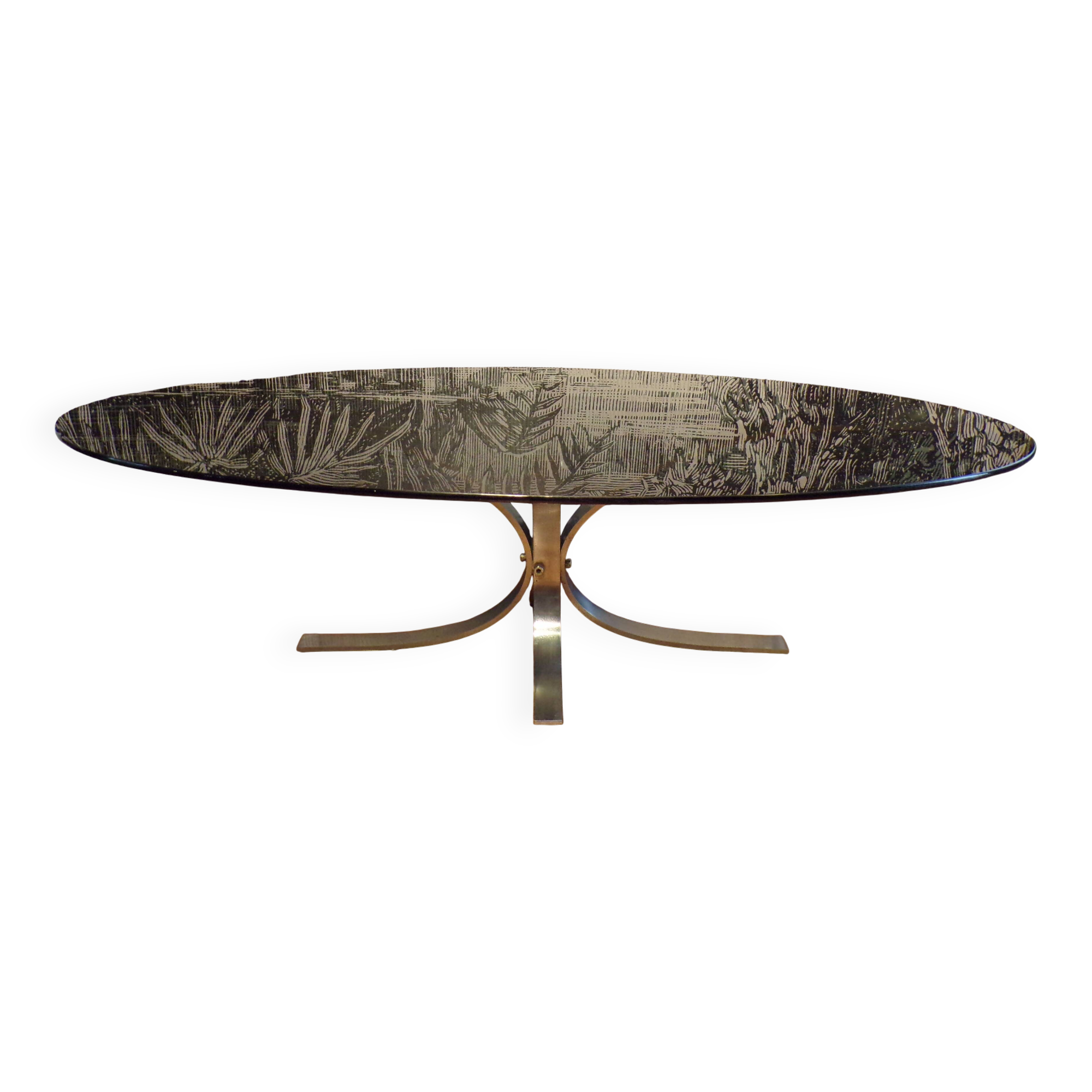 Table basse ovale 1970 verre fumé