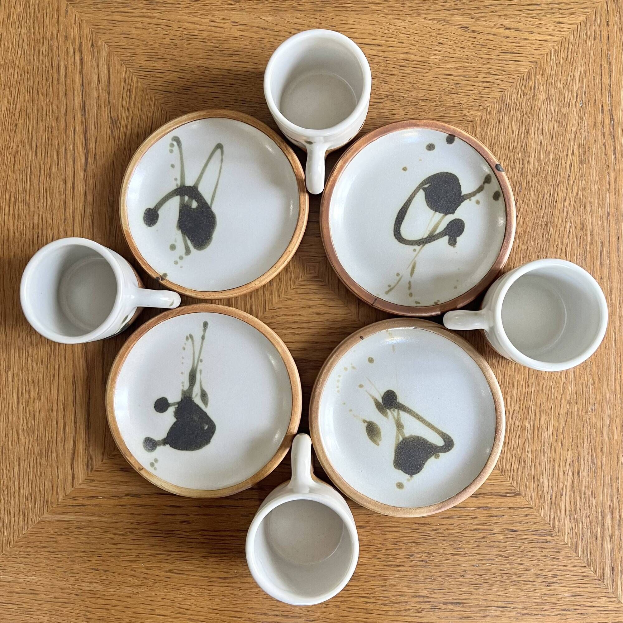 Coffee cups and plates Poterie de La Colombe tachist stoneware 50/60