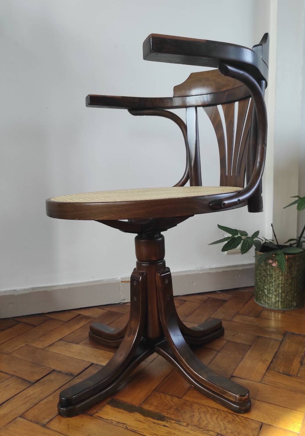 Vintage swivel office chair with curved wood and caning (Thonet style)