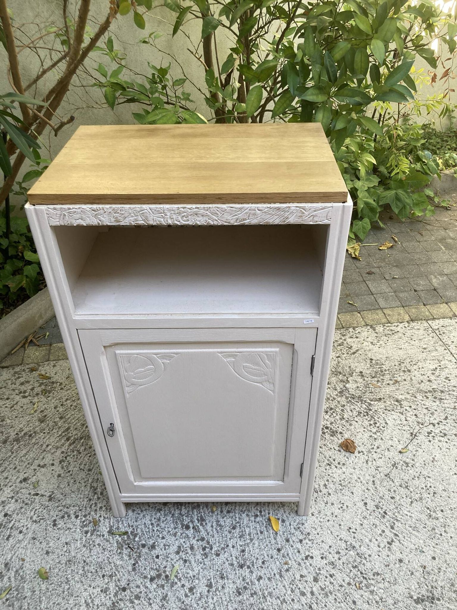 Beautiful art deco jam cupboard in delicate beige tone / and wicker basket