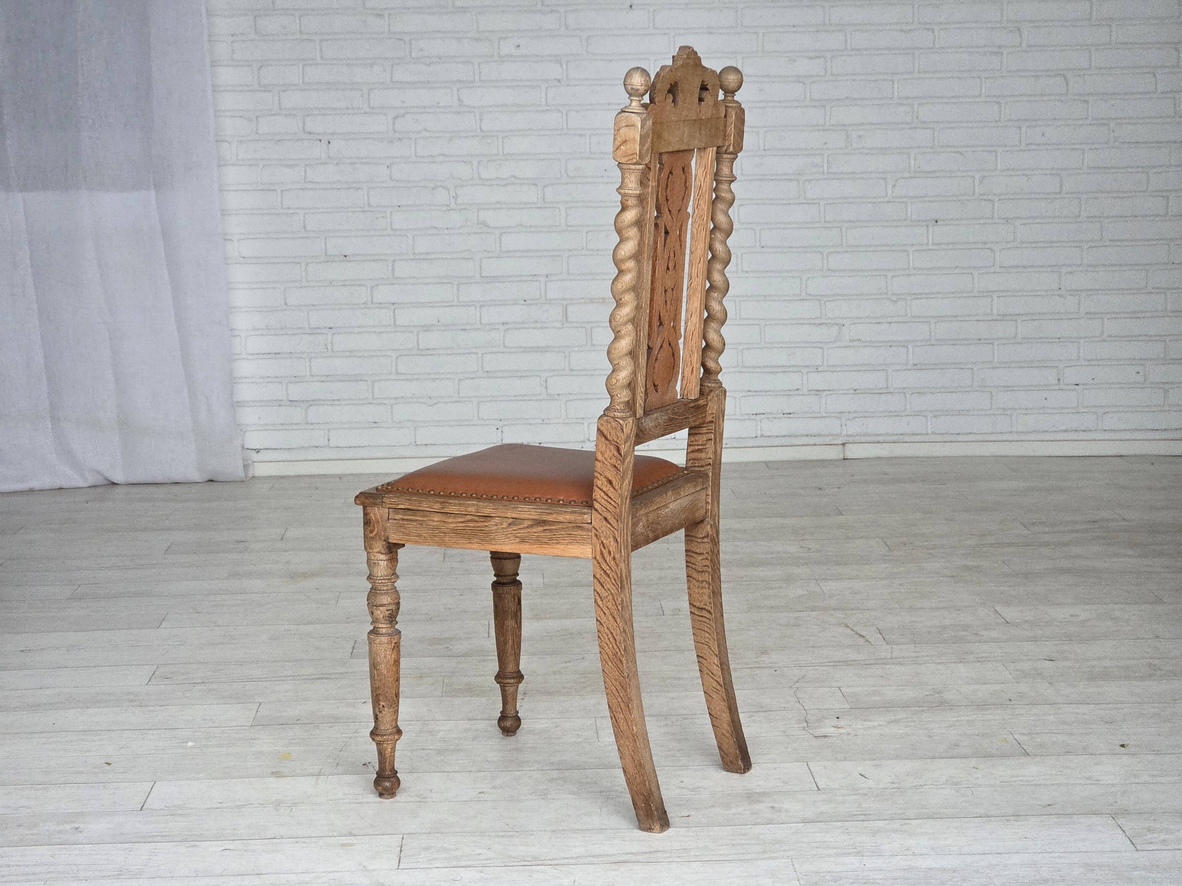 1930s, set of 4 Danish dining chairs, carved oak wood, furniture leather.
