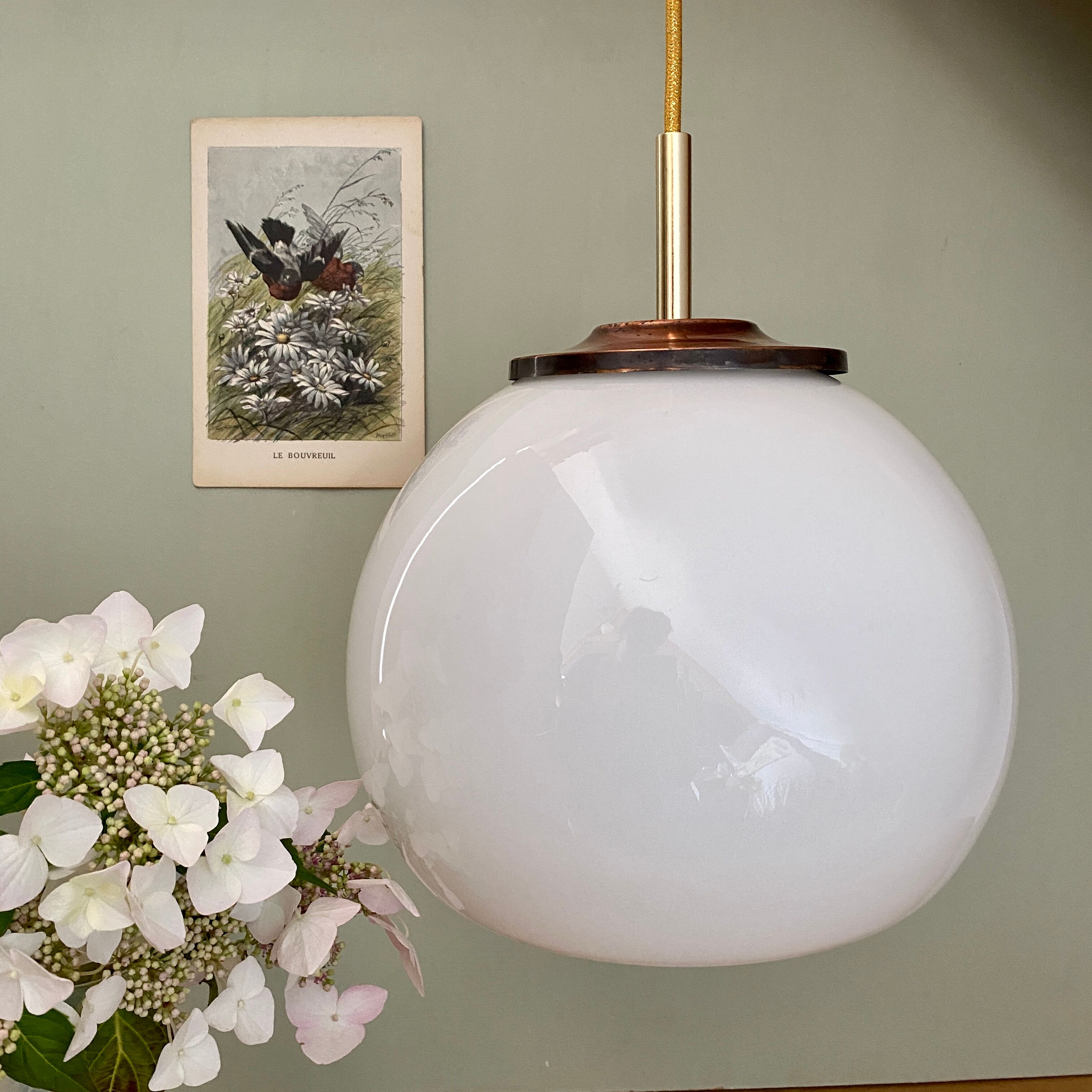 Vintage globe pendant lamp in white opaline