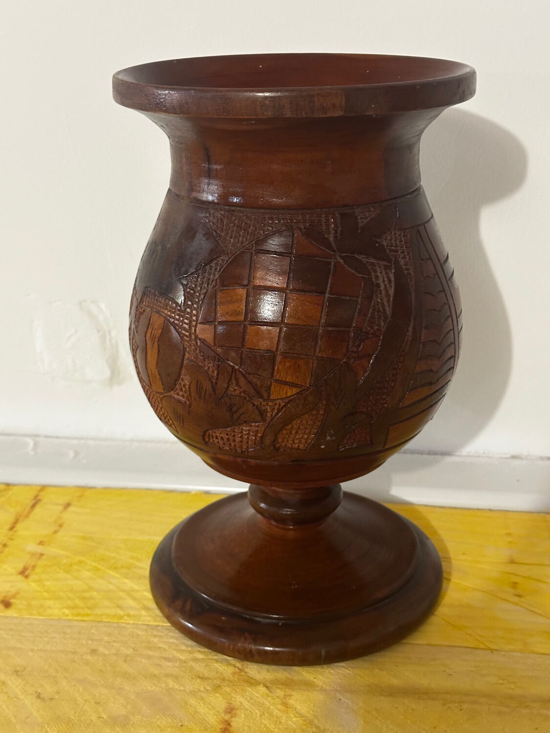 Vintage Turned and Carved Wooden Vase - Vine Decor H 28 cm